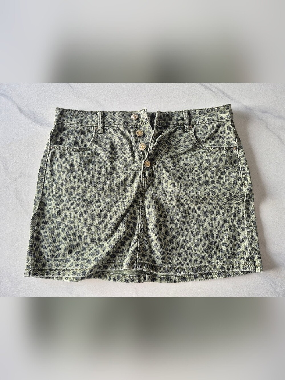 Green Leopard Print Denim Mini Skirt